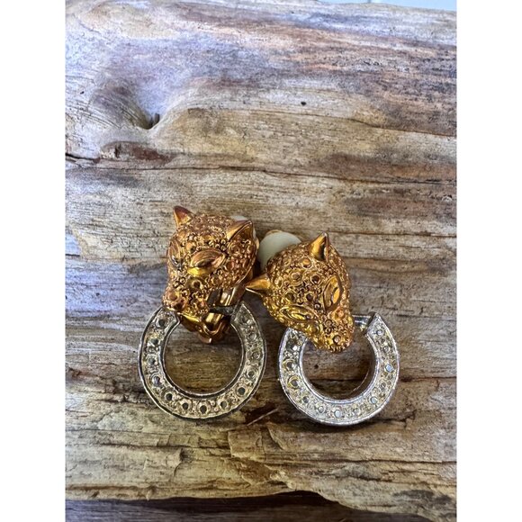 Gold-Tone Leopard Clip-On Earrings With Rhinestone-Studded Circular Hoops - Picture 2 of 6